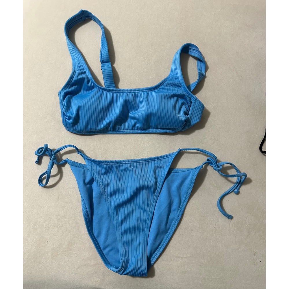 Wild Fable Bikini Set Women Small Blue Good Ribbed Scoop Neck Side Tie Two Piece